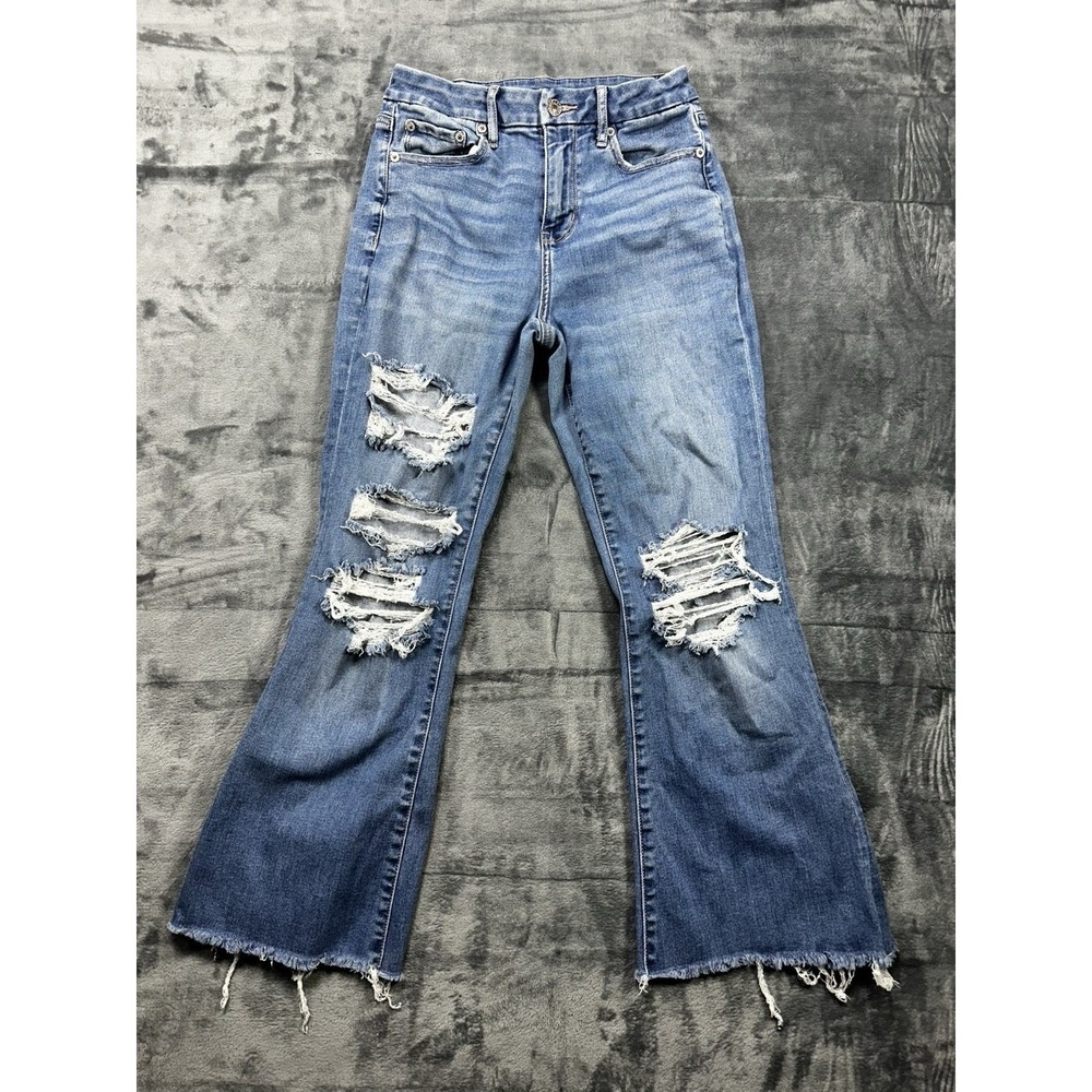 American Eagle Jeans Womens 4 Blue Curvy Super High-Rise Flare Stretch Ripped‎